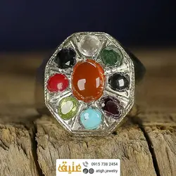 انگشتر چند جواهر ۹ نگین معدنی هفت سنگ چاکرا مرغوب رکاب نقره دستساز همراه با 