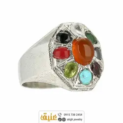 انگشتر چند جواهر ۹ نگین معدنی هفت سنگ چاکرا مرغوب رکاب نقره دستساز همراه با 