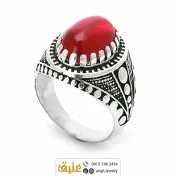 انگشتر نقره یاقوت سرخ سنتاتیک مردانه سیاه قلم دور چنگ