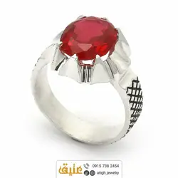 انگشتر نقره یاقوت سرخ برلیانی صنعتی مردانه سیاه قلم سوهانی دور چنگ