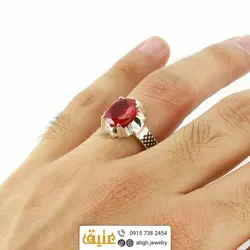 انگشتر نقره یاقوت سرخ برلیانی صنعتی مردانه سیاه قلم سوهانی دور چنگ