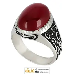 انگشتر یاقوت سنتاتیک تراش دامله رکاب دور چنگ سبک قلم زنی و سیاه قلم اسلیمی نقره ۹۲۵ عیار