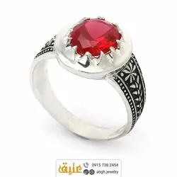 انگشتر نقره یاقوت سرخ برلیانی سنتاتیک مردانه سیاه قلم دور چنگ