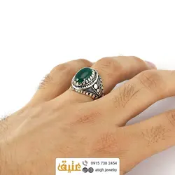 انگشتر عقیق سبز طبیعی دور چنگ سیاه قلم مردانه