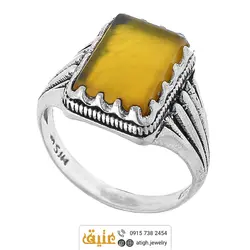 انگشتر عقیق زرد شرف الشمس مستطیلی تخت معدنی رکاب نقره دور چنگ شیار دار سیاه قلم