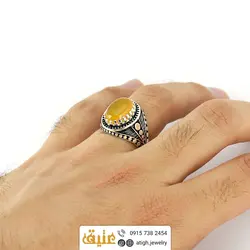 انگشتر عقیق زرد شرف الشمس طبیعی دور چنگ سیاه قلم مردانه