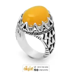انگشتر عقیق زرد شرف الشمس طبیعی دور چنگ اره کاری سیاه قلم مردانه