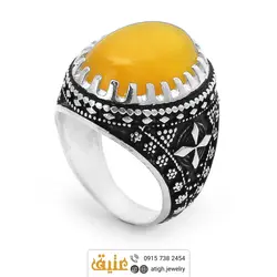 انگشتر عقیق زرد شرف الشمس طبیعی دور چنگ نقش برجسته سیاه قلم مردانه