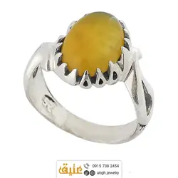 انگشتر عقیق زرد شرف الشمس خوشرنگ معدنی تراش دامله رکاب نقره دور چنگ اشکی