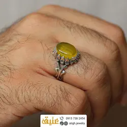 انگشتر عقیق زرد شرف الشمس معدنی رکاب دور چنگ اشکی نقره ۹۲۵ عیار
