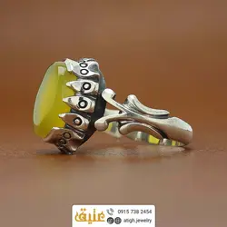 انگشتر عقیق زرد شرف الشمس معدنی رکاب دور چنگ اشکی نقره ۹۲۵ عیار