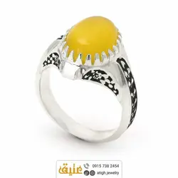 انگشتر عقیق زرد شرف الشمس معدنی مردانه دور چنگ سیاه قلم طرح گلستان