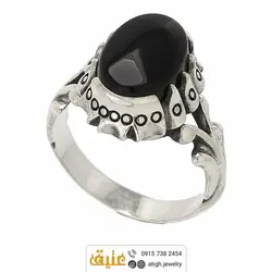 انگشتر عقیق سیاه (انیکس) معدنی رکاب نقره دور چنگ اشکی
