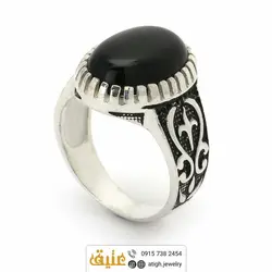 انگشتر عقیق سیاه (انیکس) طبیعی دور چنگ مردانه اسلیمی‌