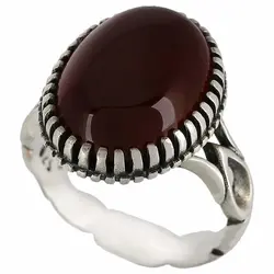 انگشتر عقیق کبدی معدنی خوشرنگ تراش دامله بیضی رکاب دور چنگ اشکی سیاه قلم نقره ۹۲۵ عیار