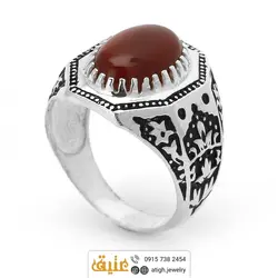 انگشتر عقیق سرخ طبیعی دور چنگ نقش برجسته اسلیمی سیاه قلم مردانه