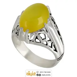انگشتر عقیق زرد شرف الشمس خوشرنگ طبیعی رکاب ۸ چنگ اره کاری نقره ۹۲۵ عیار