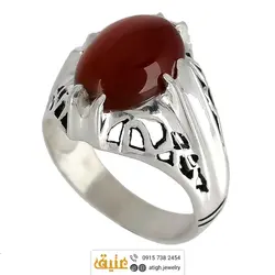 انگشتر عقیق سرخ خوشرنگ طبیعی رکاب ۸ چنگ اره کاری نقره ۹۲۵ عیار
