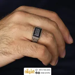 انگشتر نقره حدید صینی معدنی با حکاکی هفت جلاله تراش پلکانی دور چنگ اسلیمی