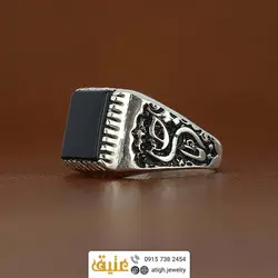 انگشتر نقره عقیق سیاه معدنی تراش چهارگوش رکاب نقره سیاه قلم طرح 
