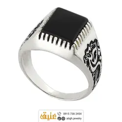 انگشتر نقره عقیق سیاه معدنی تراش چهارگوش رکاب نقره سیاه قلم طرح 