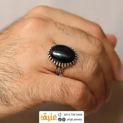 انگشتر نقره عقیق سیاه معدنی تراش دامله رکاب نقره درشت دور چنگ