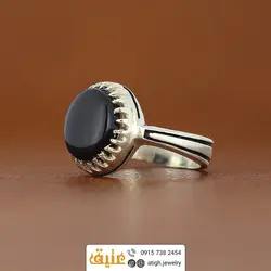 انگشتر نقره عقیق سیاه (انیکس) معدنی دور چنگ رکاب نقره سیاه قلم