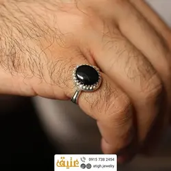 انگشتر نقره عقیق سیاه (انیکس) معدنی دور چنگ رکاب نقره سیاه قلم
