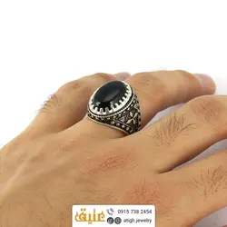 انگشتر نقره عقیق سیاه (انیکس) سیاه قلم دور چنگ‌ مردانه سنگین