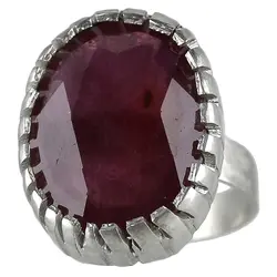 انگشتر فاخر یاقوت سرخ معدنی مرغوب تراش برلیانی آفریقایی رکاب نقره دستساز 950 عیار دور چنگ تخصصی چاکرا ریشه و خاجی