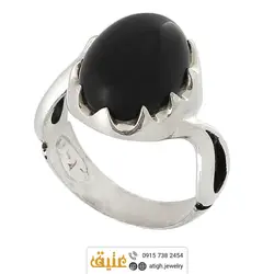 انگشتر نقره عقیق سیاه (انیکس) تراش دامله معدنی رکاب اشکی دور چنگ هلالی