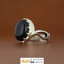 انگشتر نقره عقیق سیاه (انیکس) تراش دامله معدنی رکاب اشکی دور چنگ هلالی