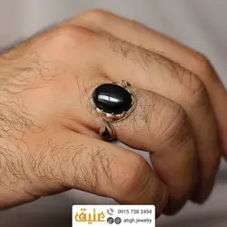 انگشتر نقره عقیق سیاه (انیکس) تراش دامله معدنی رکاب اشکی دور چنگ هلالی
