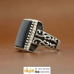انگشتر نقره عقیق سیاه (انیکس) معدنی رکاب اسلیمی سیاه قلم دور چنگ