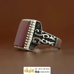 انگشتر نقره عقیق سرخ معدنی رکاب اسلیمی سیاه قلم دور چنگ