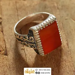 انگشتر نقره عقیق سرخ معدنی رکاب اسلیمی سیاه قلم دور چنگ