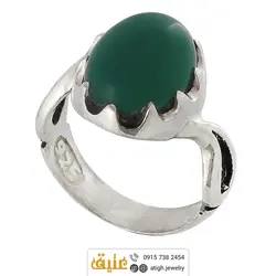 انگشتر نقره عقیق سبز خوشرنگ تراش دامله معدنی رکاب اشکی دور چنگ هلالی
