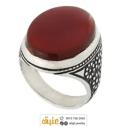 انگشتر نقره عقیق سرخ معدنی بسیار خوش رنگ درشت رکاب فیلی سیاه قلم طرح گلستان