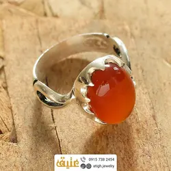 انگشتر نقره عقیق سرخ تراش دامله معدنی رکاب اشکی دور چنگ هلالی