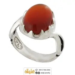 انگشتر نقره عقیق سرخ تراش دامله معدنی رکاب اشکی دور چنگ هلالی