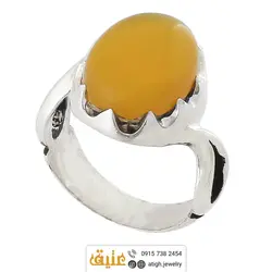 انگشتر نقره عقیق زرد شرف الشمس تراش دامله معدنی رکاب اشکی دور چنگ هلالی