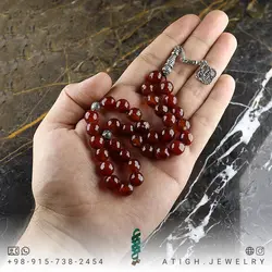 تسبیح عقیق سرخ تیره معدنی مرغوب بسیار خوشرنگ تراش لانه زنبوری 33 دانه دستساز کرکوش تُرک تک رشته ای بسیار زیبا