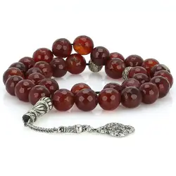 تسبیح عقیق سرخ تیره معدنی مرغوب بسیار خوشرنگ تراش لانه زنبوری 33 دانه دستساز کرکوش تُرک تک رشته ای بسیار زیبا