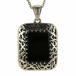 گردنبند عقیق سیاه معدنی تراش مستطیل فریم طلا روسی دور چنگ همراه زنجیر استیل یا بند چرم طراحی اسلیمی