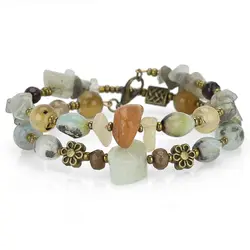 دستبند بوهو استایل آمازونیت، کوارتز دودی، عقیق خزه ای، جاسپر سبز، عقیق کاراملی، لابرادوریت و عقیق هندی نامنظم معدنی دو ردیفه النگویی