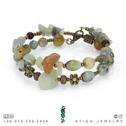 دستبند بوهو استایل آمازونیت، کوارتز دودی، عقیق خزه ای، جاسپر سبز، عقیق کاراملی، لابرادوریت و عقیق هندی نامنظم معدنی دو ردیفه النگویی