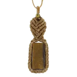 گردنبند چشم ببر راف ( تراش نخورده) معدنی بازی نور زیبا مستطیلی دور بافت مکرومه عسلی همراه بند چرمی