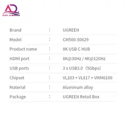 هاب USB Type-C برند یوگرین مدل UGREEN CM500 HDMI 2.1 8K 30Hz 3D 4port