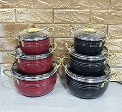 سه قابلمه لبه چدن خط دار داخل زنبوری   دسته طلایی قپه طلایی برند کوشا