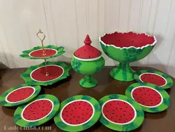 ظروف سفالی کامل طرح هندوانه ای شب یلدا کد 05❤️ | فروشگاه اینترنتی بادومیا
